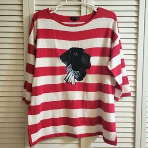 Bua Bua Red Striped Dog Top Womens L Black Labrador Patch Sequins 3/4 Sleeves